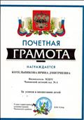 Почетная грамота главы территориальной администрации Чановского района В.И. Губера "За успехи в воспитании детей"